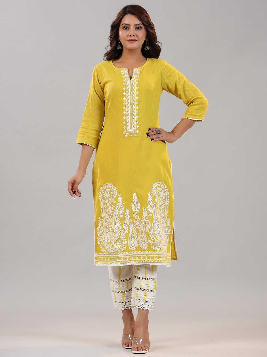 Juniper Women Lime Cotton Dobby Embroidered Kurta, Pants & Dupatta Set | Grocsy