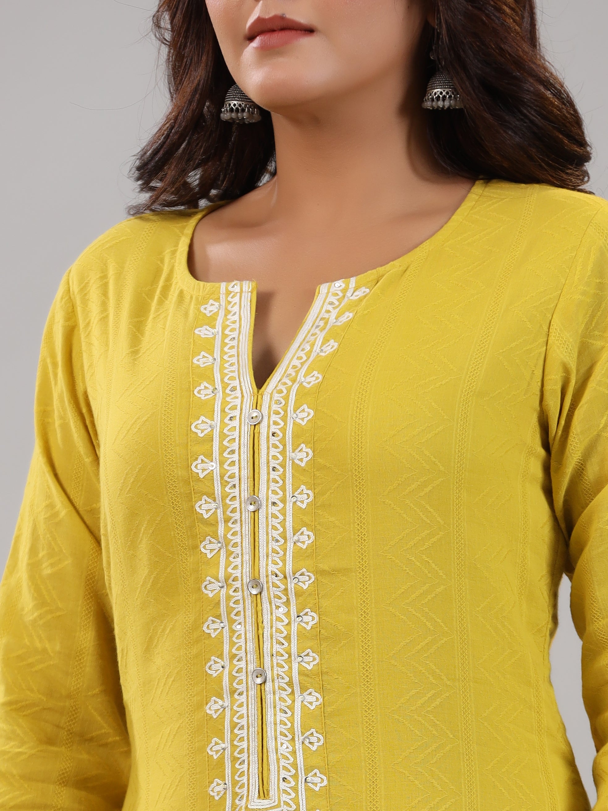 Juniper Women Lime Cotton Dobby Embroidered Kurta, Pants & Dupatta Set | Grocsy