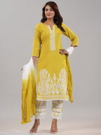 Juniper Women Lime Cotton Dobby Embroidered Kurta, Pants & Dupatta Set | Grocsy