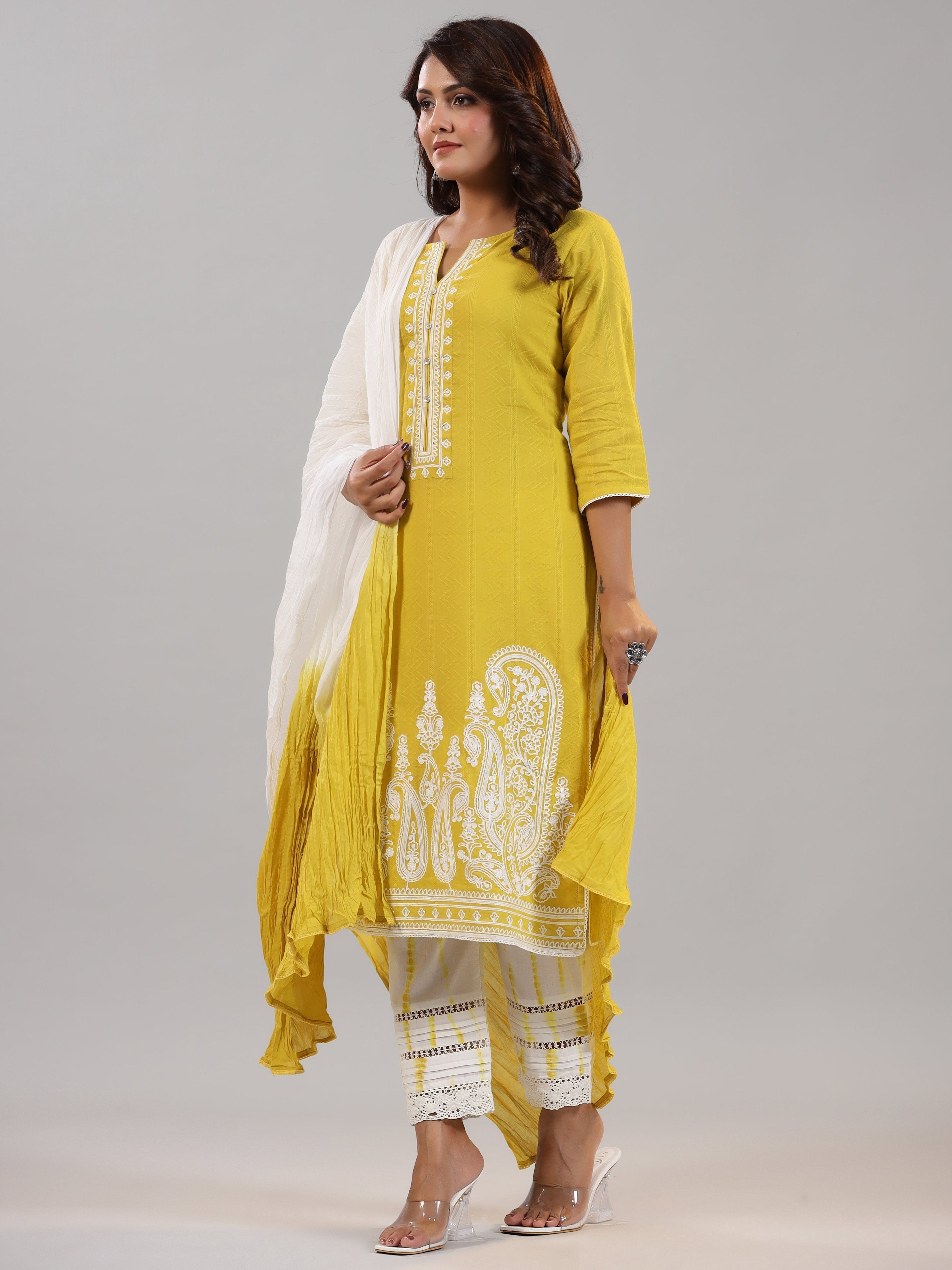 Juniper Women Lime Cotton Dobby Embroidered Kurta, Pants & Dupatta Set | Grocsy