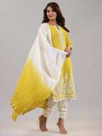 Juniper Women Lime Cotton Dobby Embroidered Kurta, Pants & Dupatta Set | Grocsy