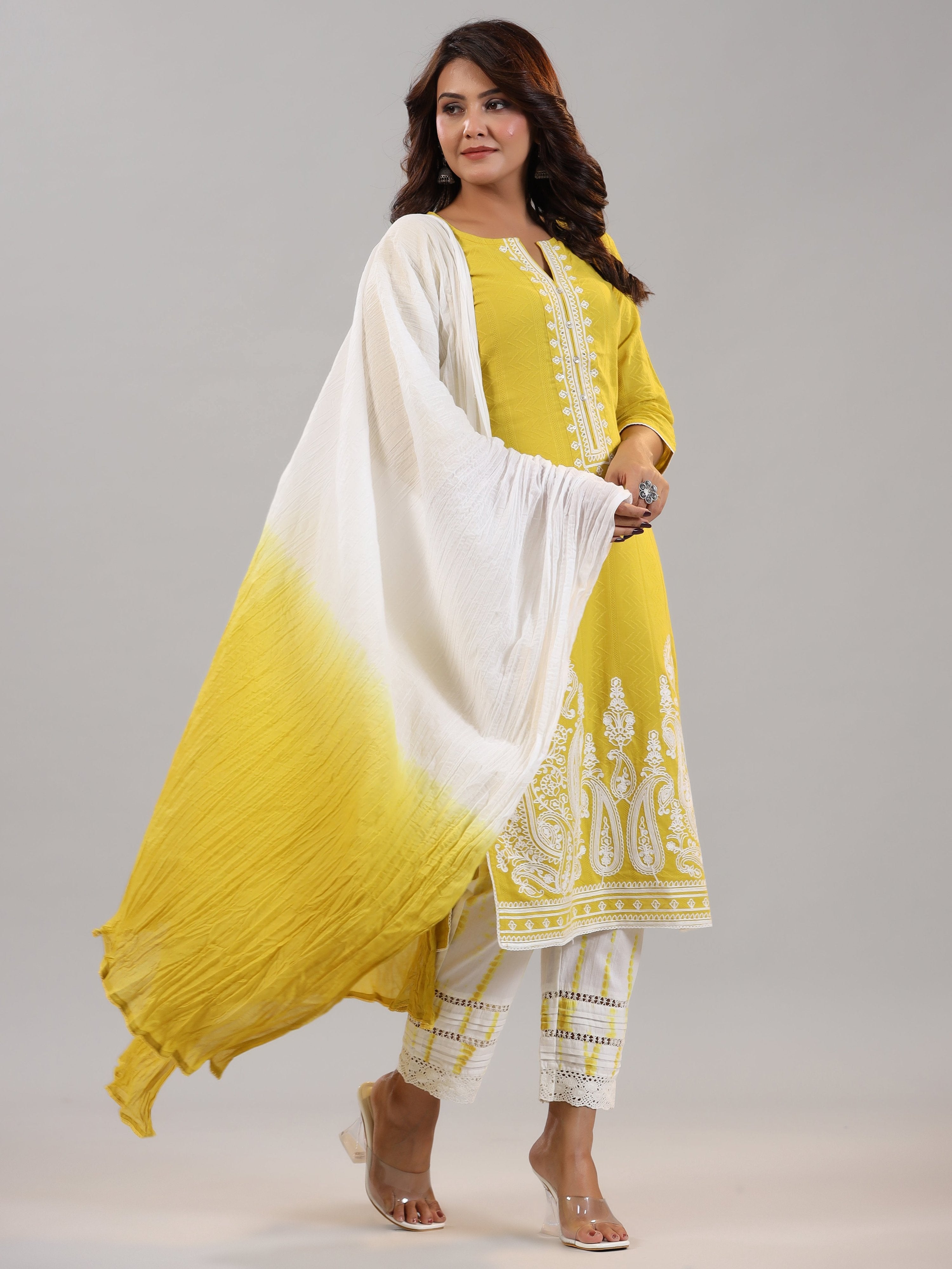 Juniper Women Lime Cotton Dobby Embroidered Kurta, Pants & Dupatta Set | Grocsy