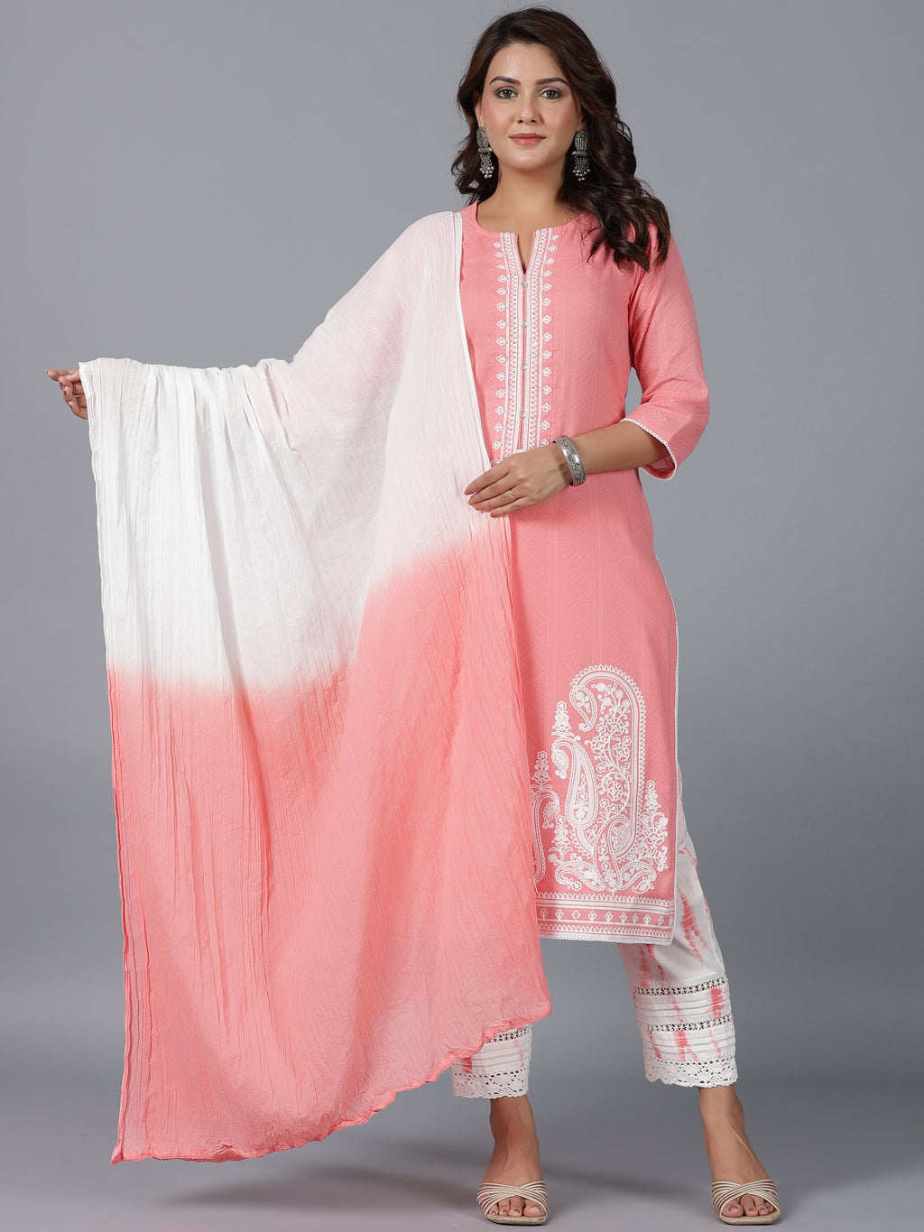 Juniper Women Peach Cotton Dobby Embroidered Kurta, Pants & Dupatta Set | Grocsy