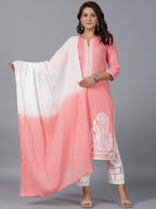 Juniper Women Peach Cotton Dobby Embroidered Kurta, Pants & Dupatta Set | Grocsy