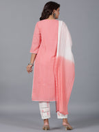 Juniper Women Peach Cotton Dobby Embroidered Kurta, Pants & Dupatta Set | Grocsy