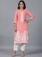 Juniper Women Peach Cotton Dobby Embroidered Kurta, Pants & Dupatta Set | Grocsy