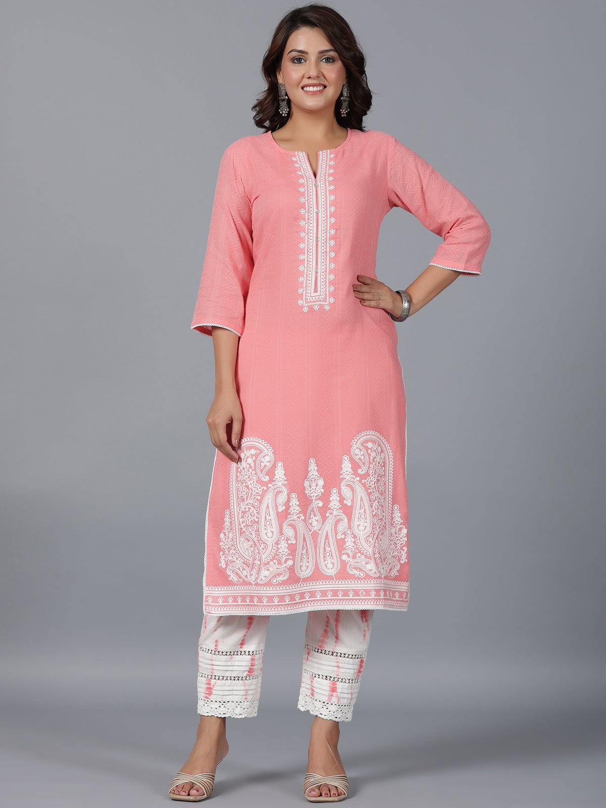 Juniper Women Peach Cotton Dobby Embroidered Kurta, Pants & Dupatta Set | Grocsy