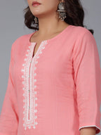 Juniper Women Peach Cotton Dobby Embroidered Kurta, Pants & Dupatta Set | Grocsy