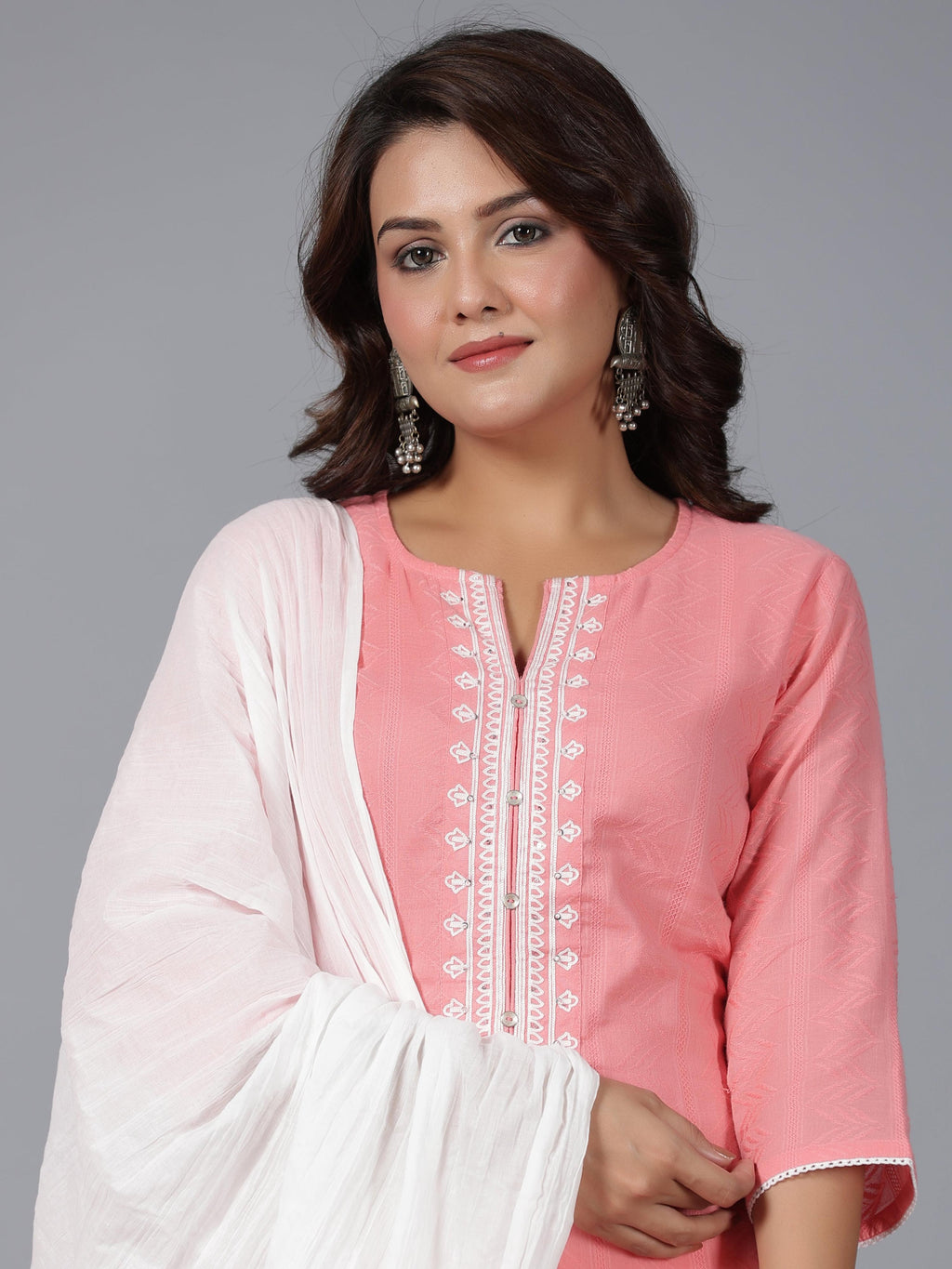 Juniper Women Peach Cotton Dobby Embroidered Kurta, Pants & Dupatta Set | Grocsy