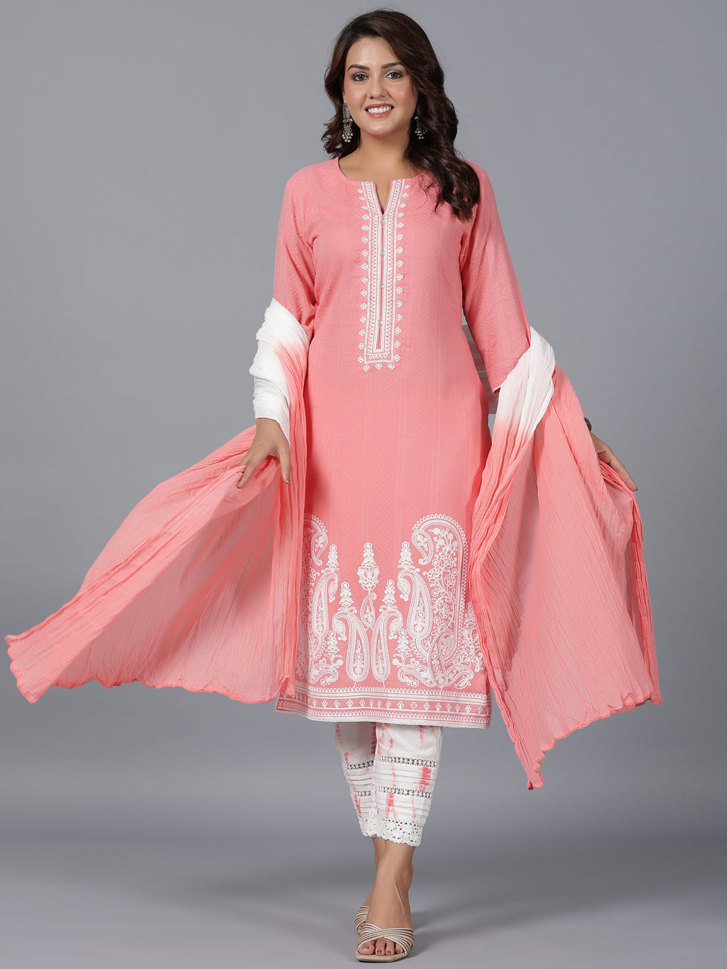 Juniper Women Peach Cotton Dobby Embroidered Kurta, Pants & Dupatta Set | Grocsy