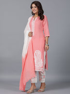 Juniper Women Peach Cotton Dobby Embroidered Kurta, Pants & Dupatta Set | Grocsy