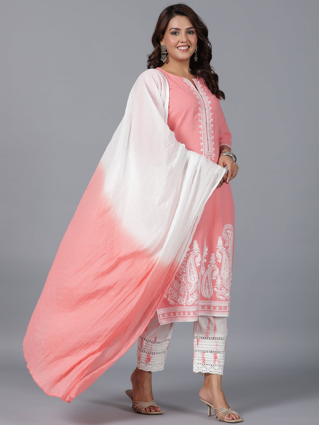Juniper Women Peach Cotton Dobby Embroidered Kurta, Pants & Dupatta Set | Grocsy