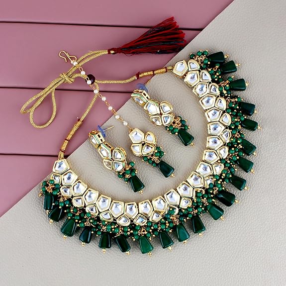 Tehzeeb Creations Meenakari Gold-Polished pentagon shape Uncut Kundan Necklace Set | Grocsy