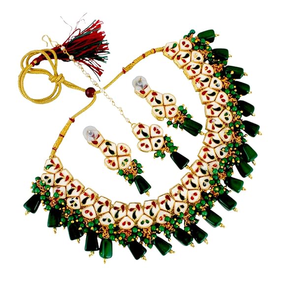Tehzeeb Creations Meenakari Gold-Polished pentagon shape Uncut Kundan Necklace Set | Grocsy