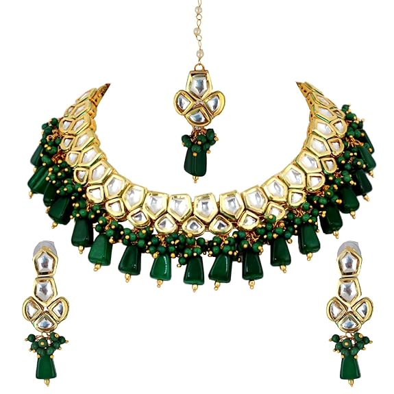 Tehzeeb Creations Meenakari Gold-Polished pentagon shape Uncut Kundan Necklace Set | Grocsy