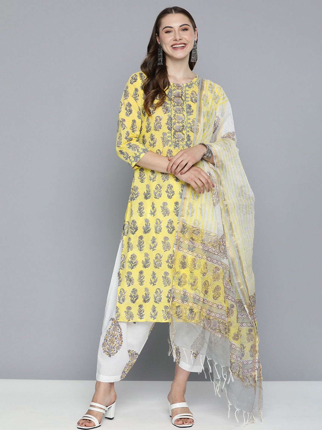 HERE&NOW Motifs Printed Regular Pure Cotton Kurta with Salwar & With Dupatta | Grocsy