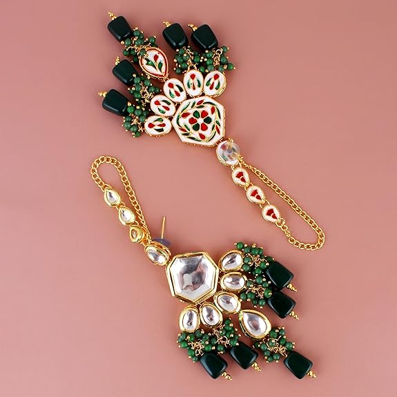 Tehzeeb Creations Back Meenakari Gold-Polished Green Color Tika Earring Combo Uncut Big Faux Kundan Choker Necklace Set | Grocsy