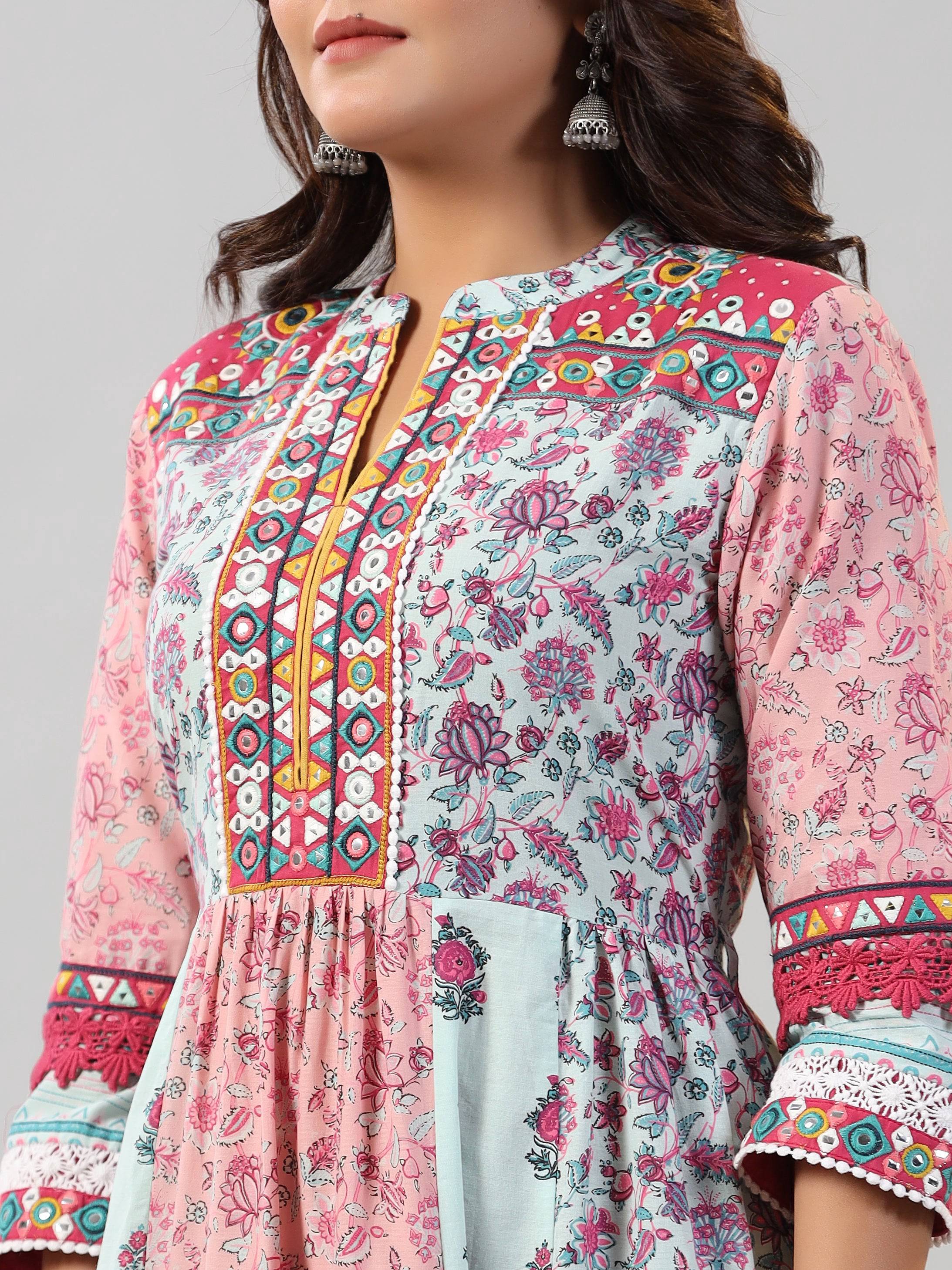 Juniper Women Mint Printed Cotton Kurta & Pants Set | Grocsy