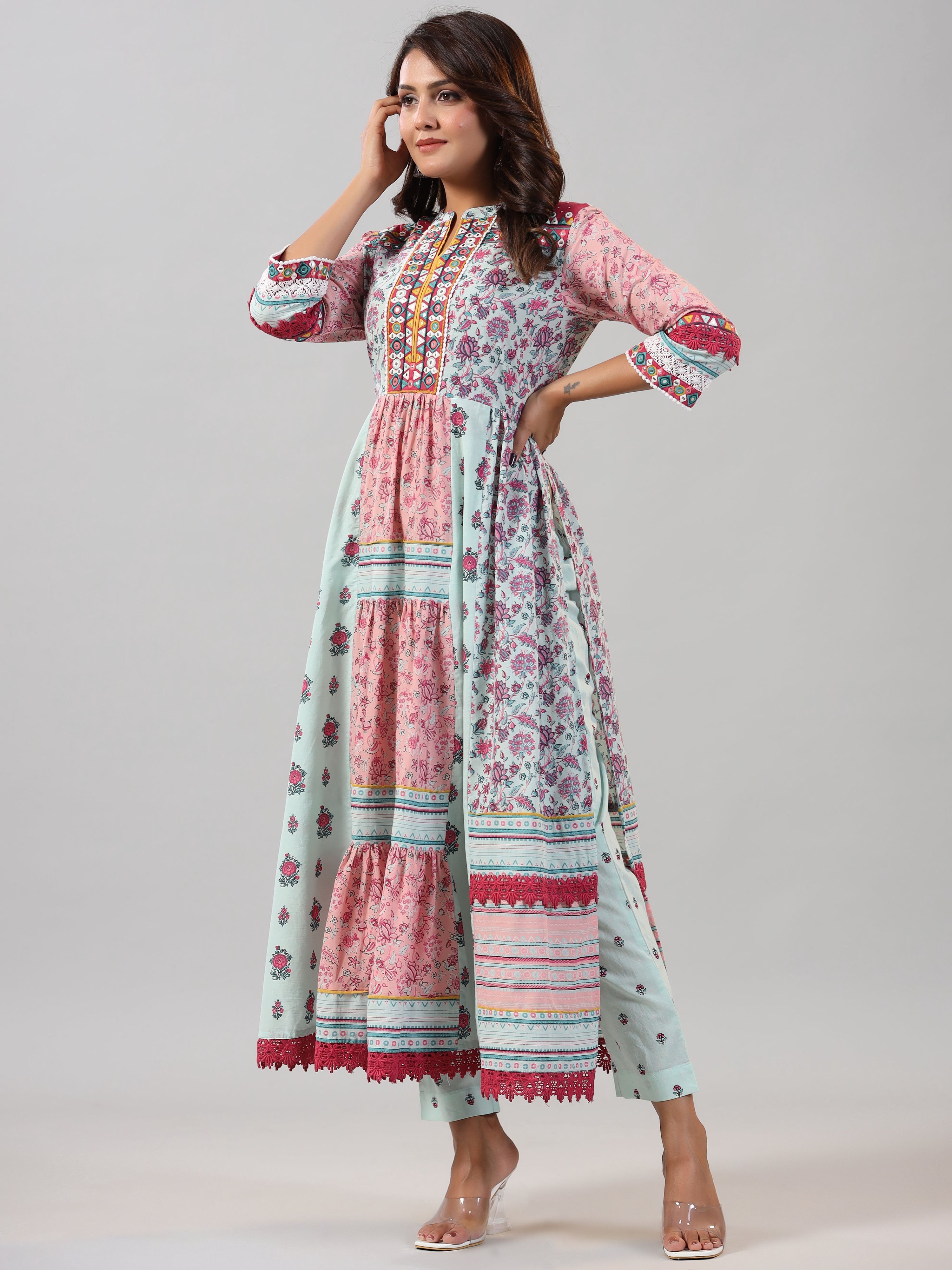 Juniper Women Mint Printed Cotton Kurta & Pants Set | Grocsy