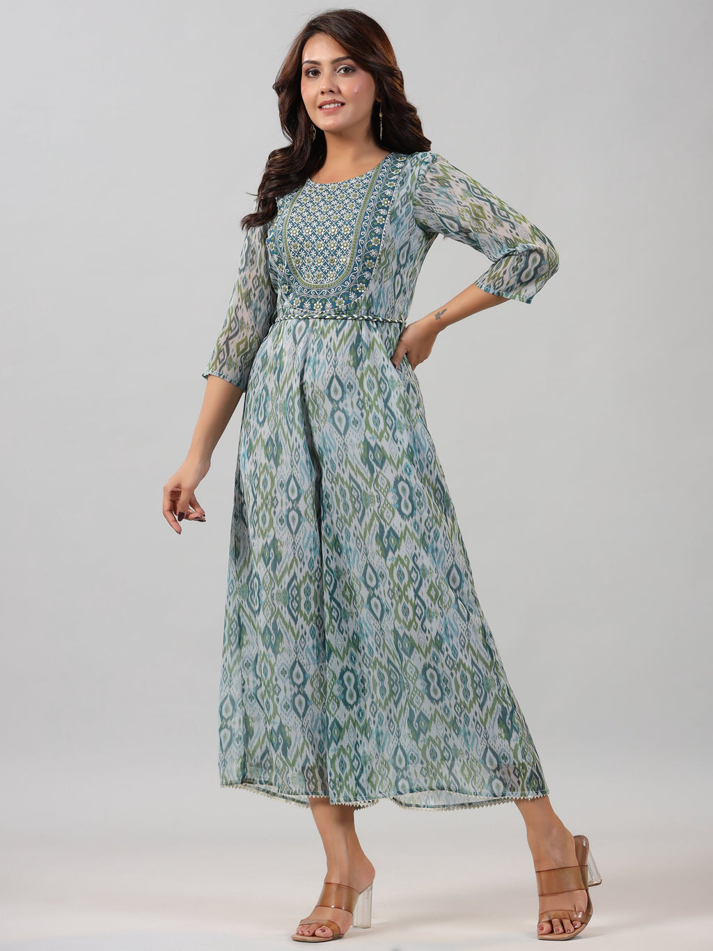 Juniper Women Green Chiffon Printed with Embroidery Jumpsuit | Grocsy