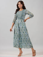 Juniper Women Green Chiffon Printed with Embroidery Jumpsuit | Grocsy