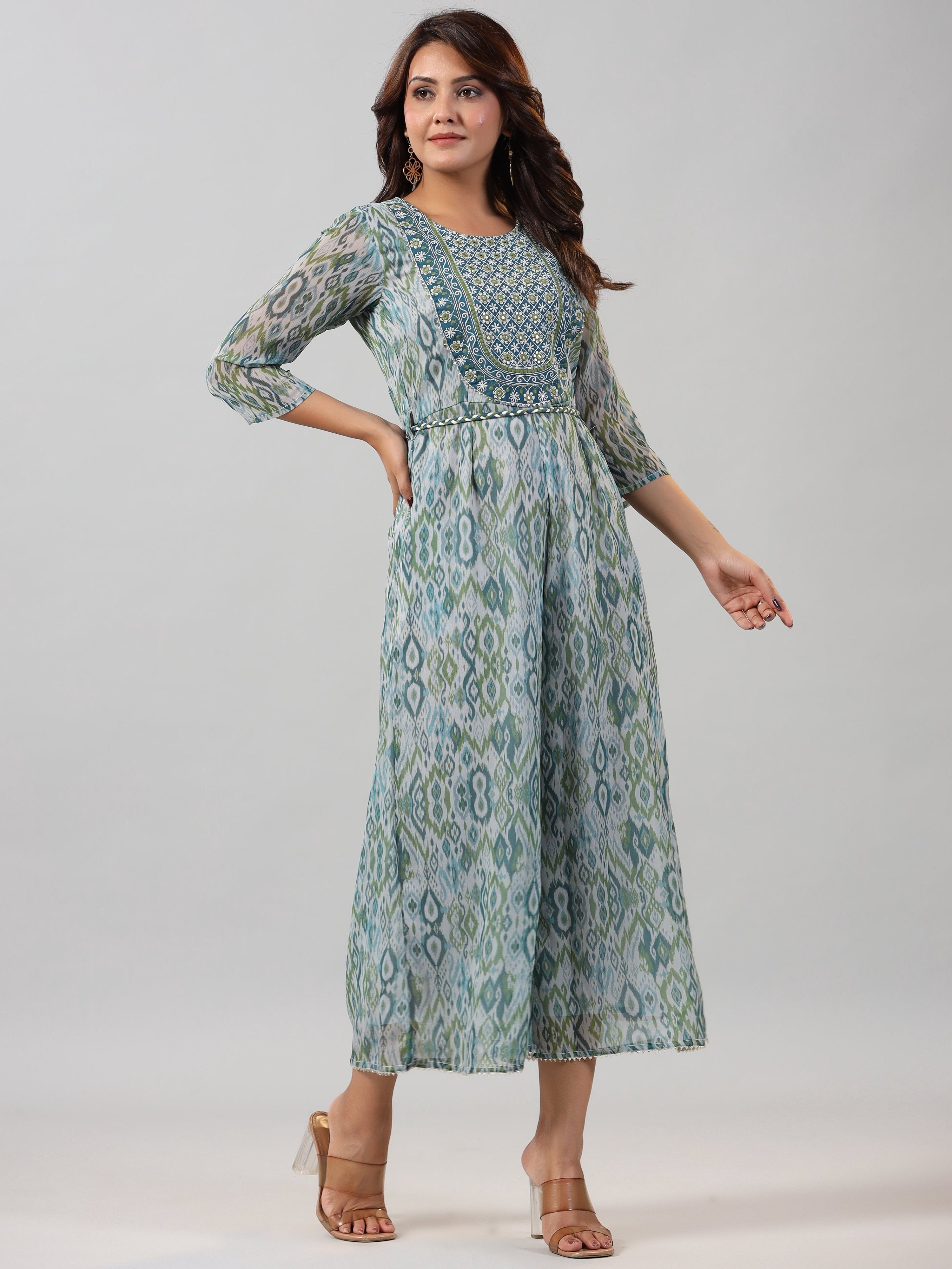 Juniper Women Green Chiffon Printed with Embroidery Jumpsuit | Grocsy