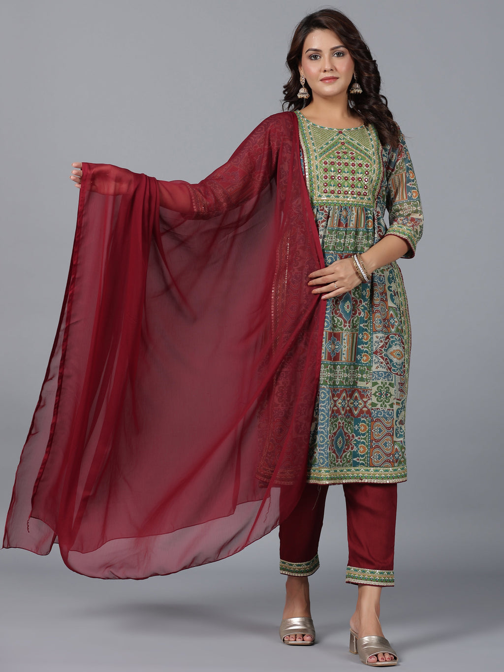 Juniper Women Green Chiffon Printed with Embroidery Kurta, Pants & Dupatta Set | Grocsy