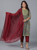 Juniper Women Green Chiffon Printed with Embroidery Kurta, Pants & Dupatta Set | Grocsy