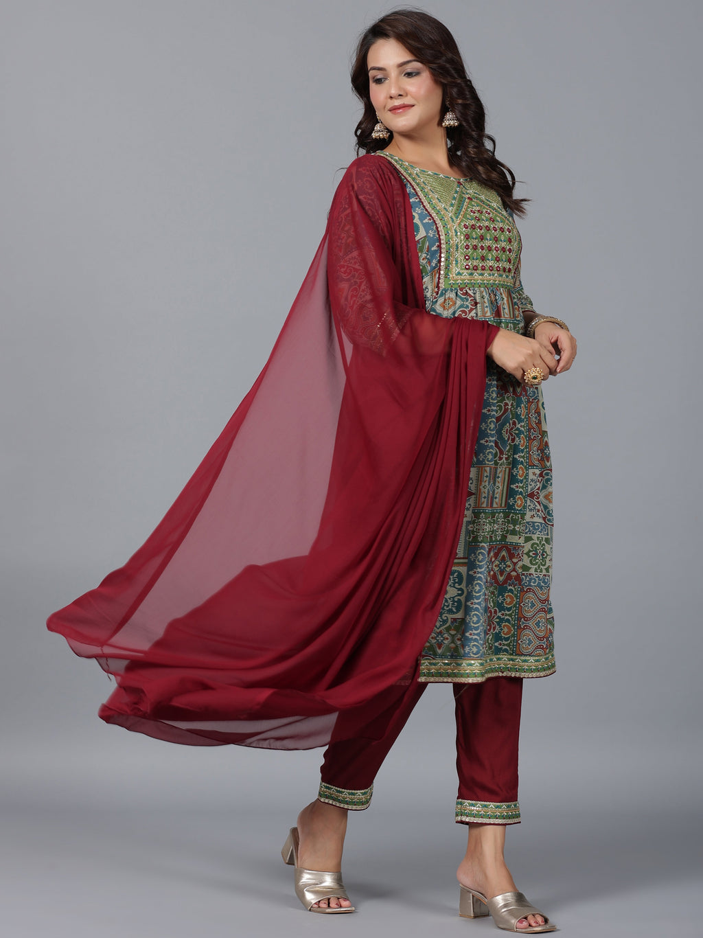 Juniper Women Green Chiffon Printed with Embroidery Kurta, Pants & Dupatta Set | Grocsy