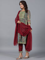 Juniper Women Green Chiffon Printed with Embroidery Kurta, Pants & Dupatta Set | Grocsy