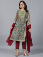 Juniper Women Green Chiffon Printed with Embroidery Kurta, Pants & Dupatta Set | Grocsy