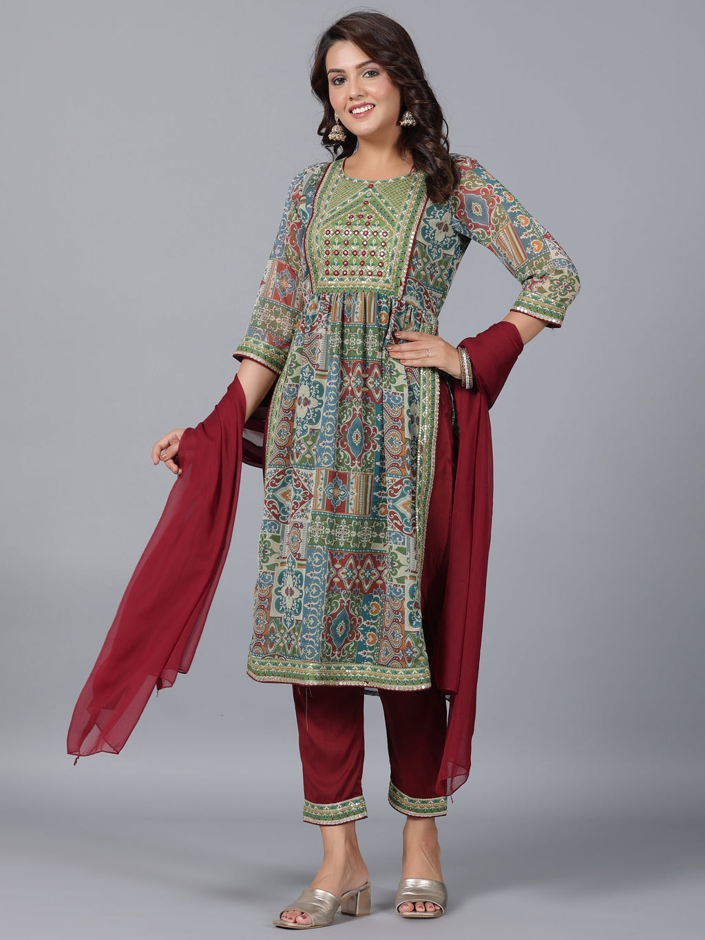 Juniper Women Green Chiffon Printed with Embroidery Kurta, Pants & Dupatta Set | Grocsy