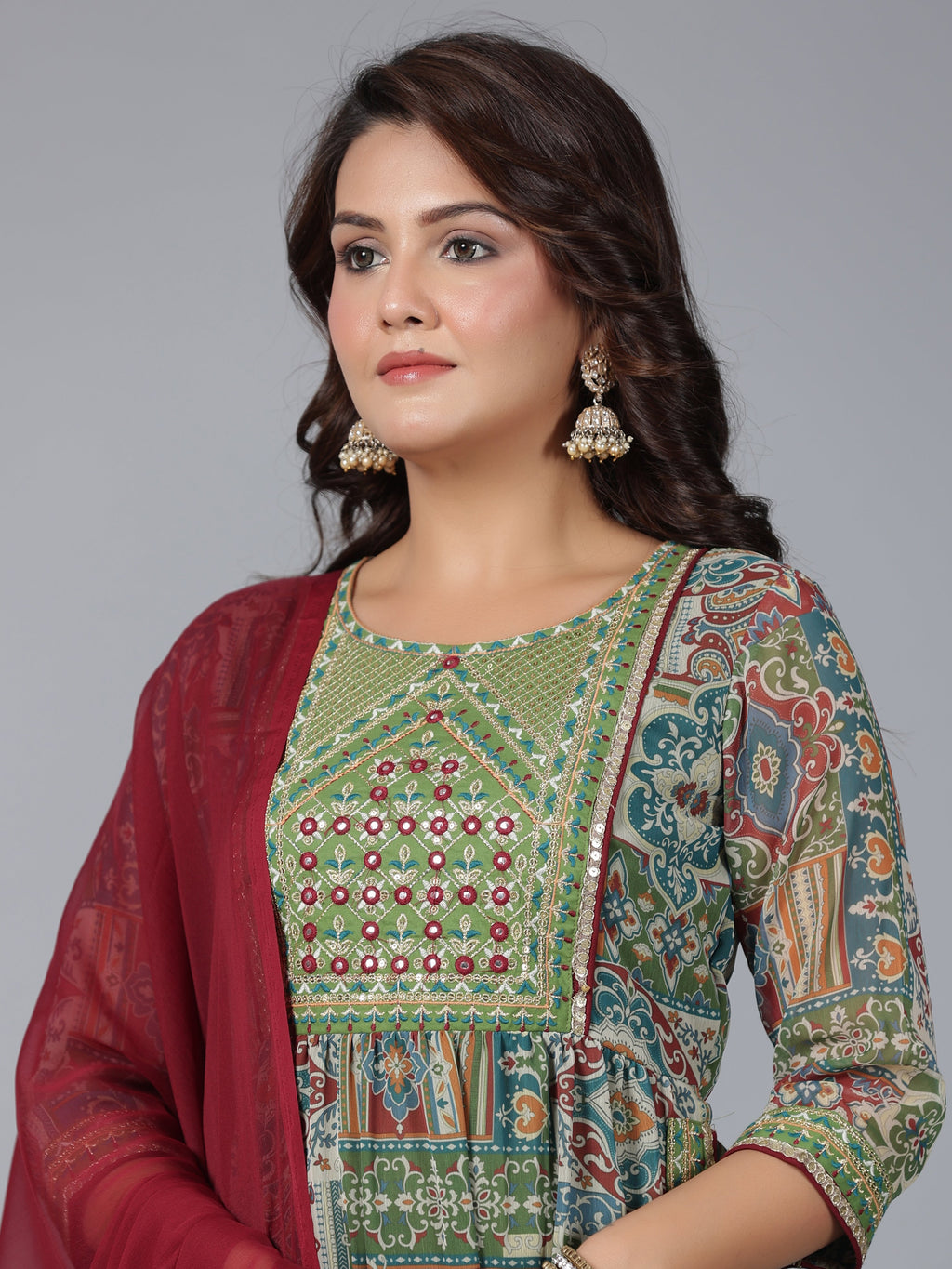 Juniper Women Green Chiffon Printed with Embroidery Kurta, Pants & Dupatta Set | Grocsy