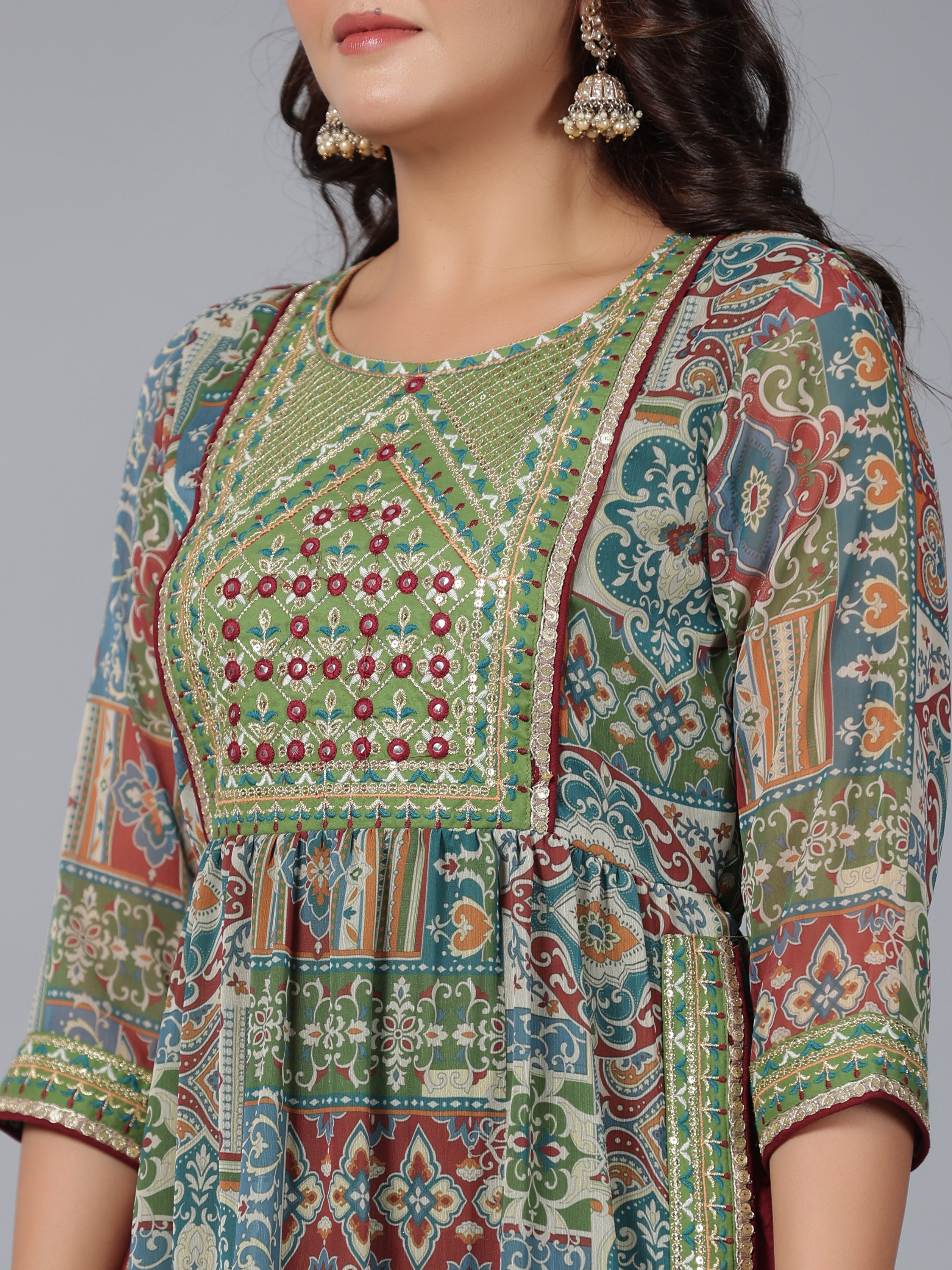 Juniper Women Green Chiffon Printed with Embroidery Kurta, Pants & Dupatta Set | Grocsy