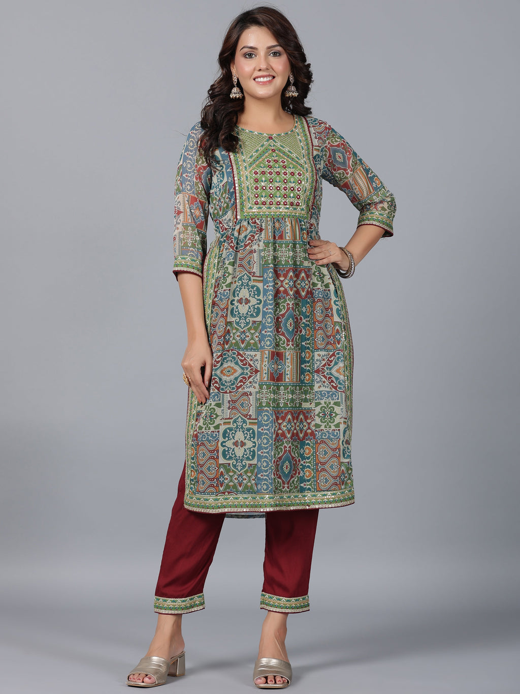 Juniper Women Green Chiffon Printed with Embroidery Kurta, Pants & Dupatta Set | Grocsy