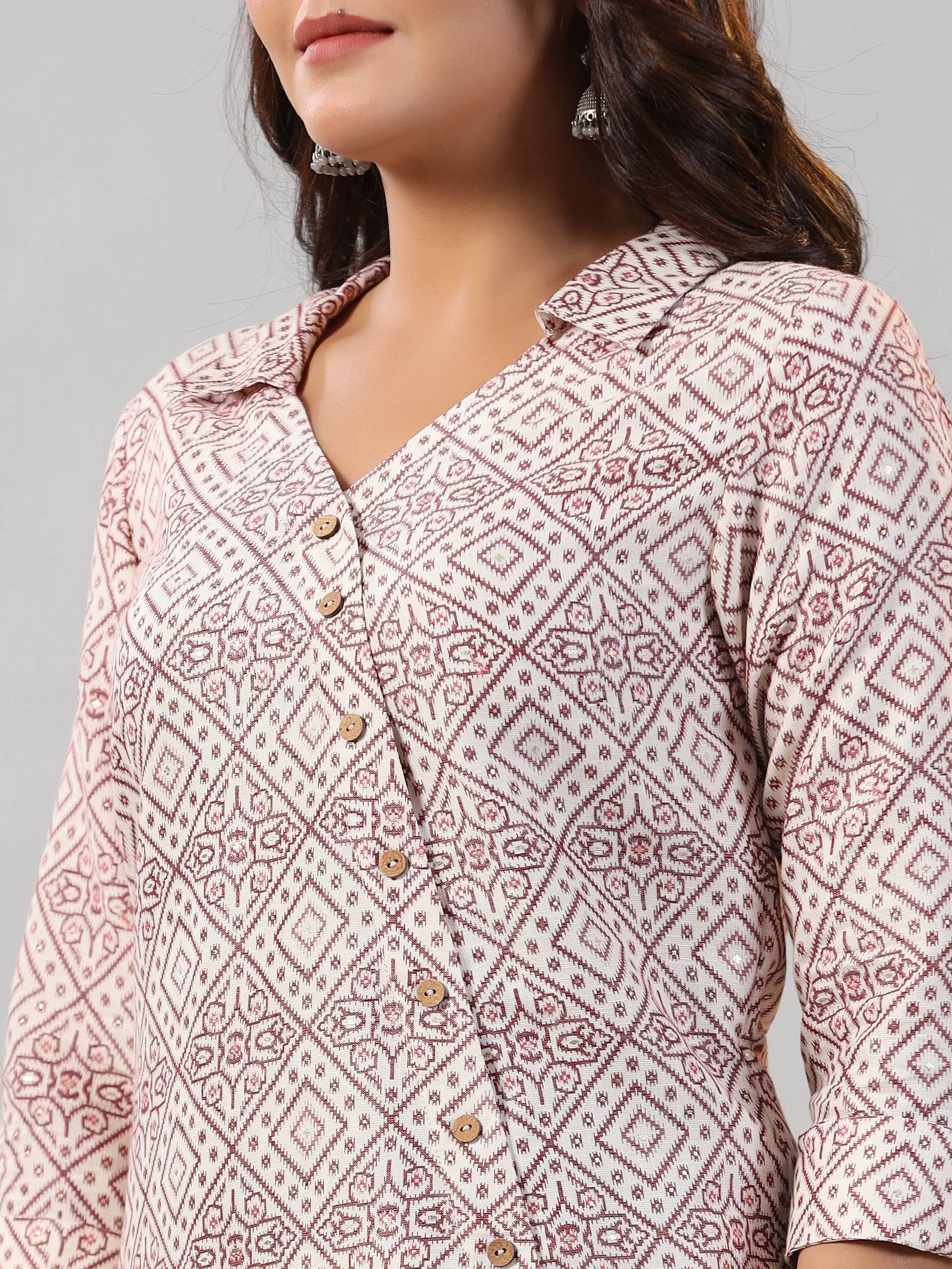 Juniper Women Off-White 2 Tone Printed Asymmetric Kurta | Grocsy