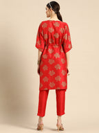 Sangria Women Red Ethnic Motifs Printed Kurta with Trousers | Grocsy