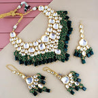 Tehzeeb Creations Back Meenakari Gold-Polished Green Color Tika Earring Combo Uncut Big Faux Kundan Choker Necklace Set | Grocsy