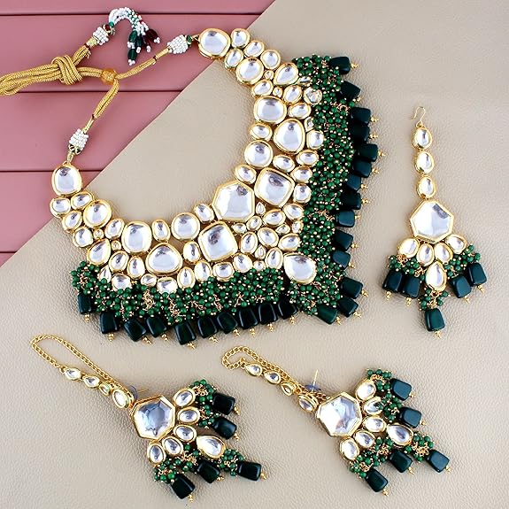 Tehzeeb Creations Back Meenakari Gold-Polished Green Color Tika Earring Combo Uncut Big Faux Kundan Choker Necklace Set | Grocsy