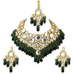 Tehzeeb Creations Back Meenakari Gold-Polished Green Color Tika Earring Combo Uncut Big Faux Kundan Choker Necklace Set | Grocsy