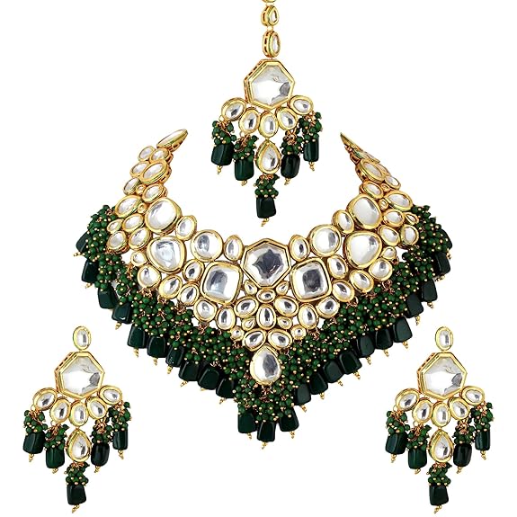 Tehzeeb Creations Back Meenakari Gold-Polished Green Color Tika Earring Combo Uncut Big Faux Kundan Choker Necklace Set | Grocsy