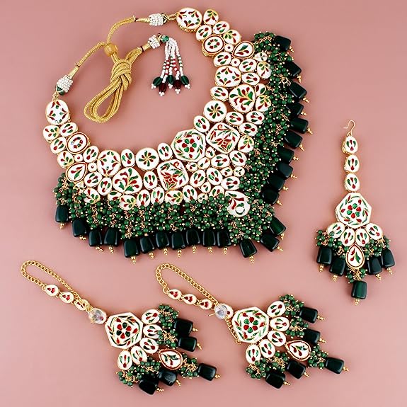 Tehzeeb Creations Back Meenakari Gold-Polished Green Color Tika Earring Combo Uncut Big Faux Kundan Choker Necklace Set | Grocsy