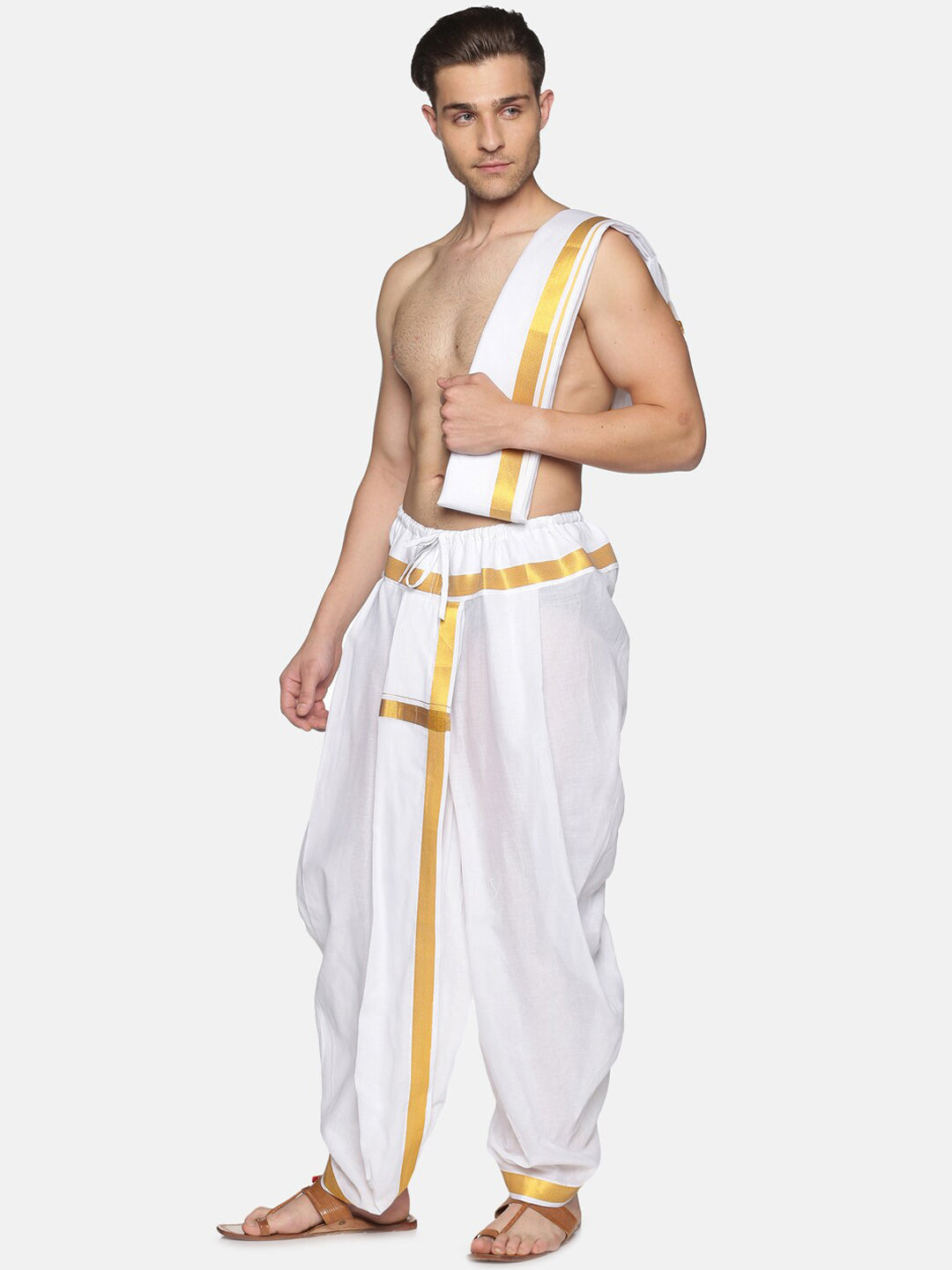 Sethukrishna Men White & Gold-Toned Solid Ready Made Dhoti Pants | Grocsy