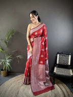 Joban Fashion Maroon Floral Motifs Soft Silk Banarasi Saree | Grocsy