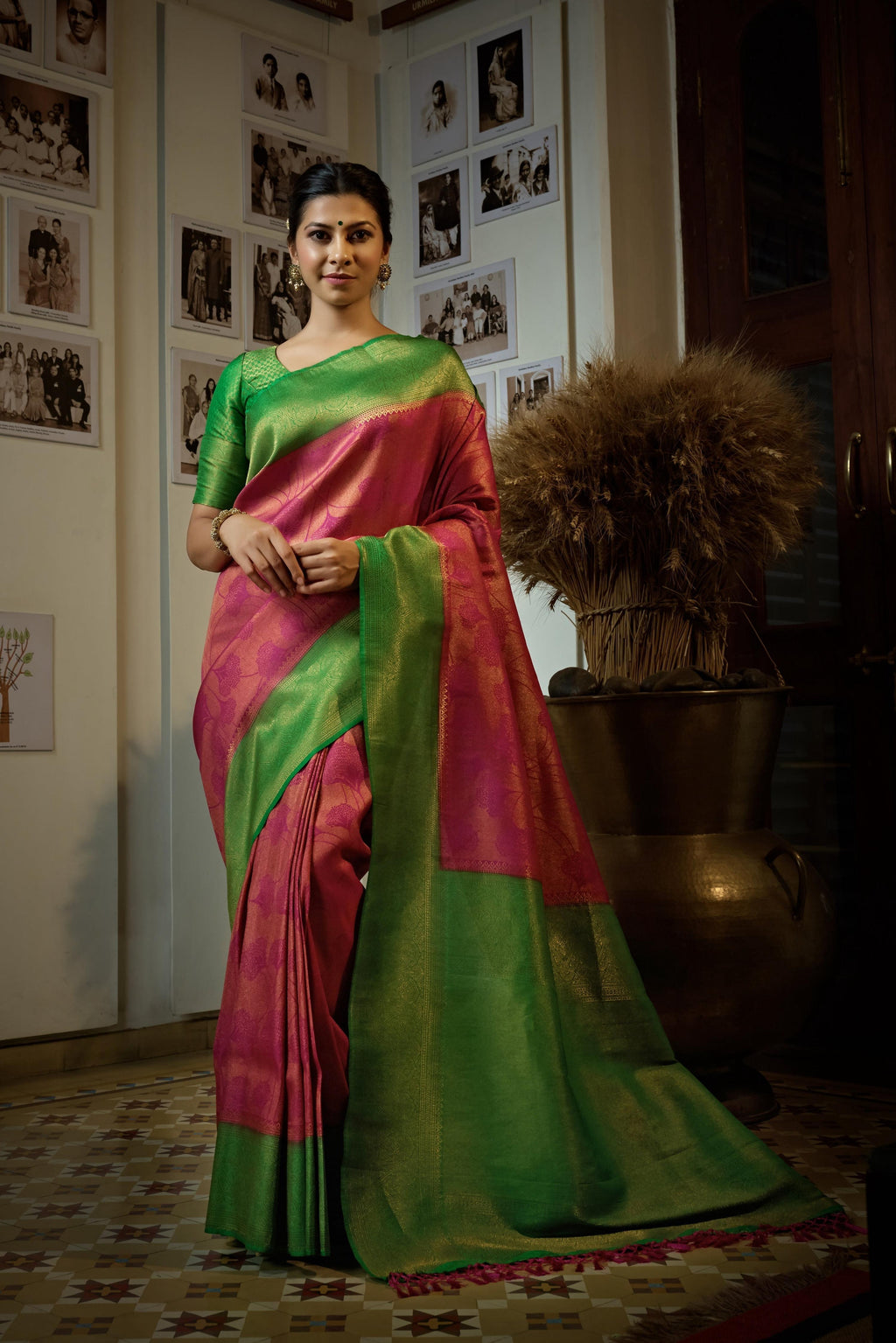 Vardha Magenta Pink Golden Zari Kanjeevaram Silk Saree | Grocsy