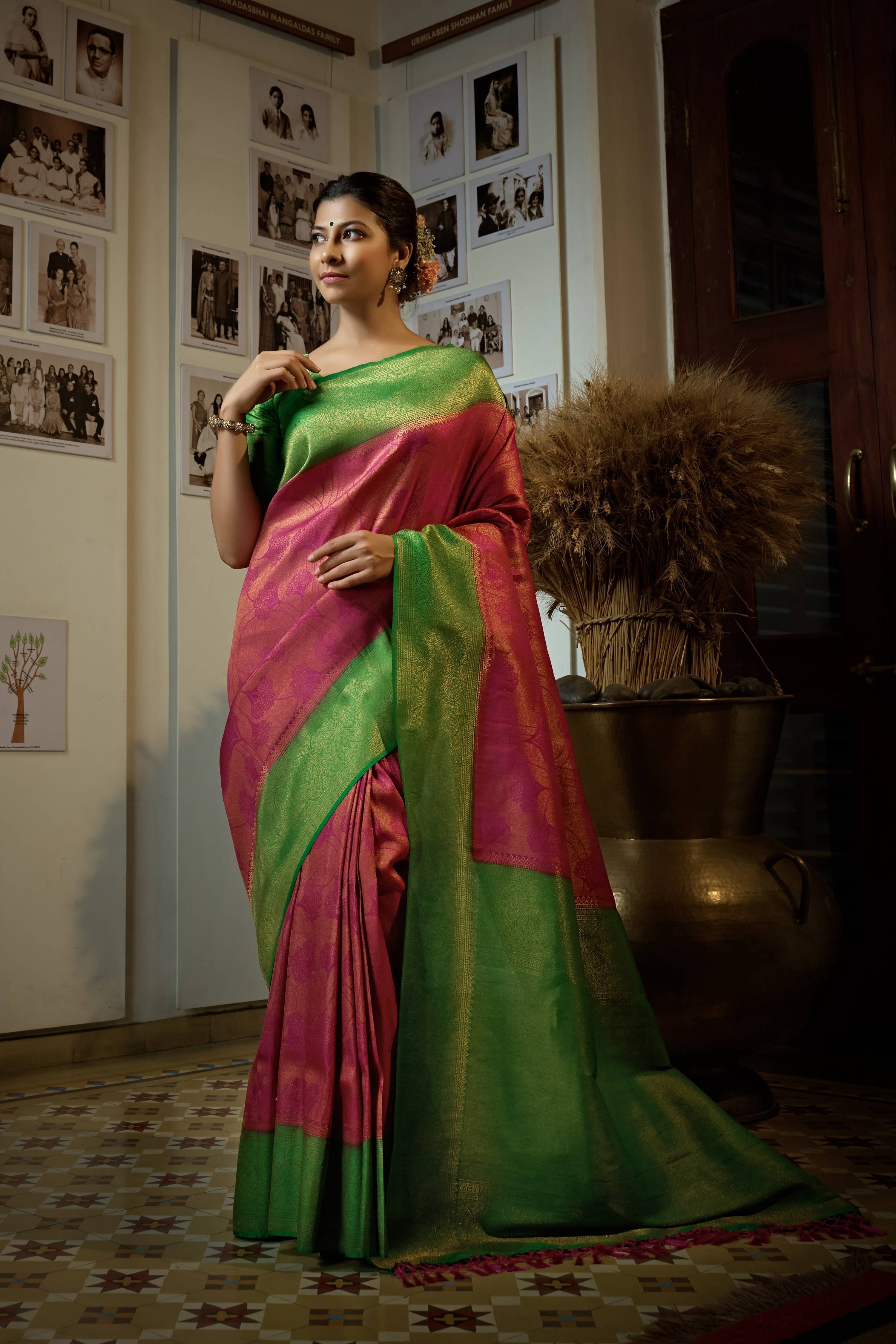Vardha Magenta Pink Golden Zari Kanjeevaram Silk Saree | Grocsy
