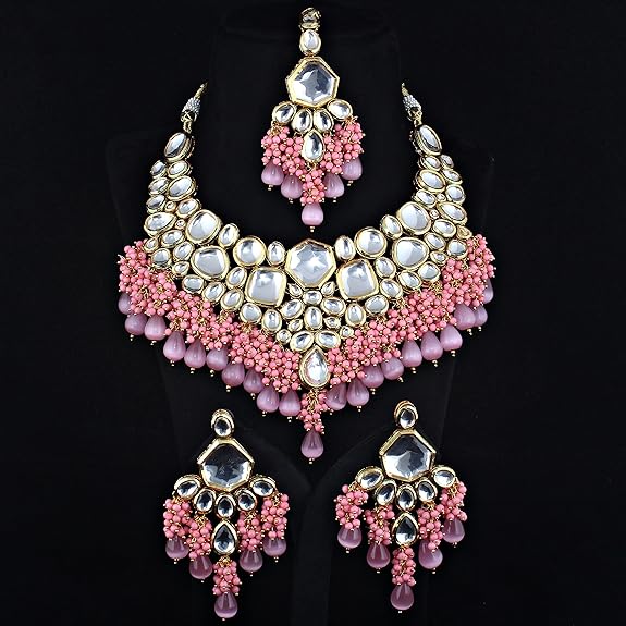Tehzeeb Creations Gold-Polished Pink Color Kundan Stone/Uncut Kundan/Dibbi Kundan/Meena Kundan/Lucknow Kundan with Monalisa Drop Bridal Set for Girls & Women | Grocsy