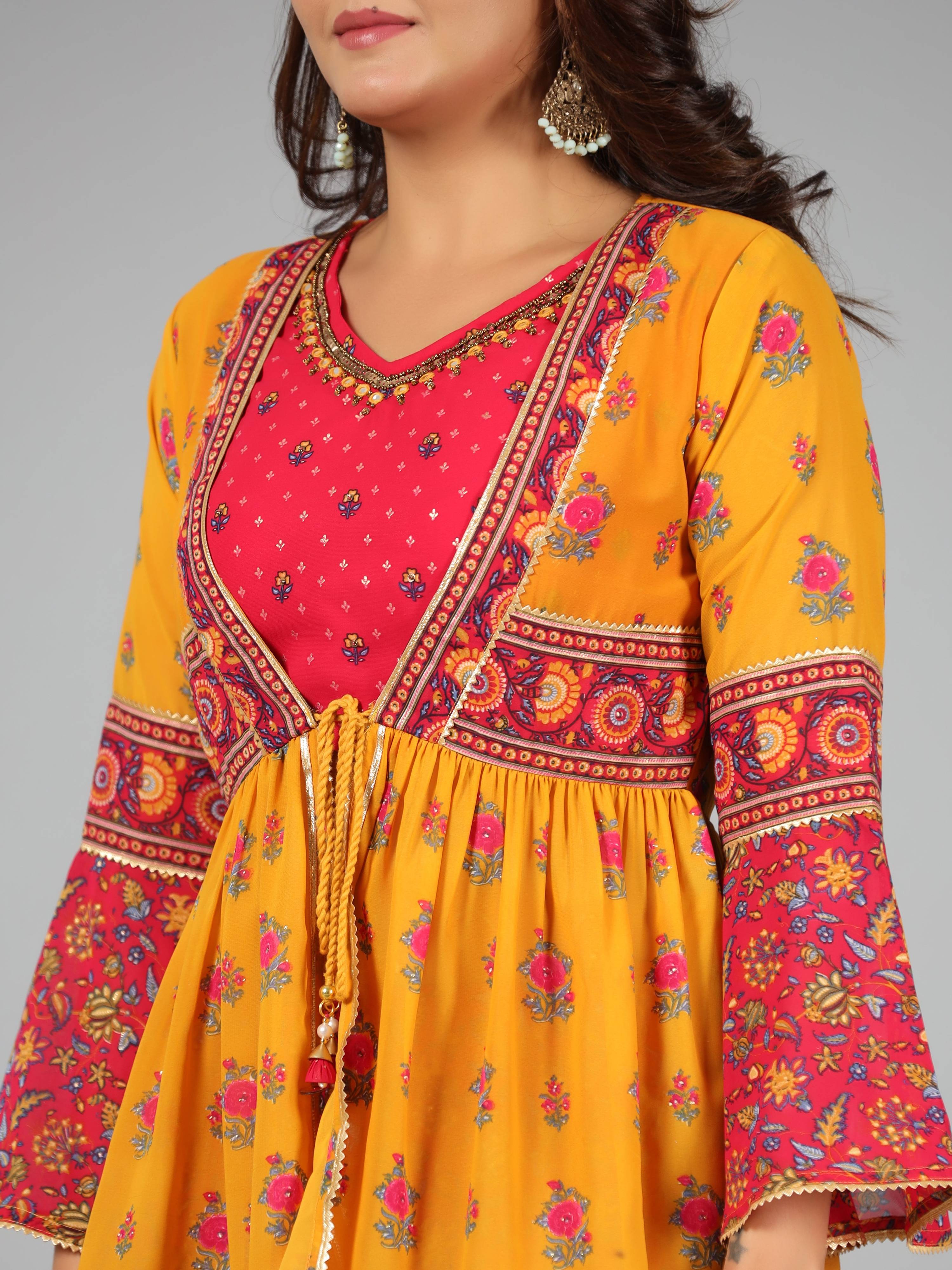 Juniper Women Mustard Georgette Printed Clothing Set | Grocsy