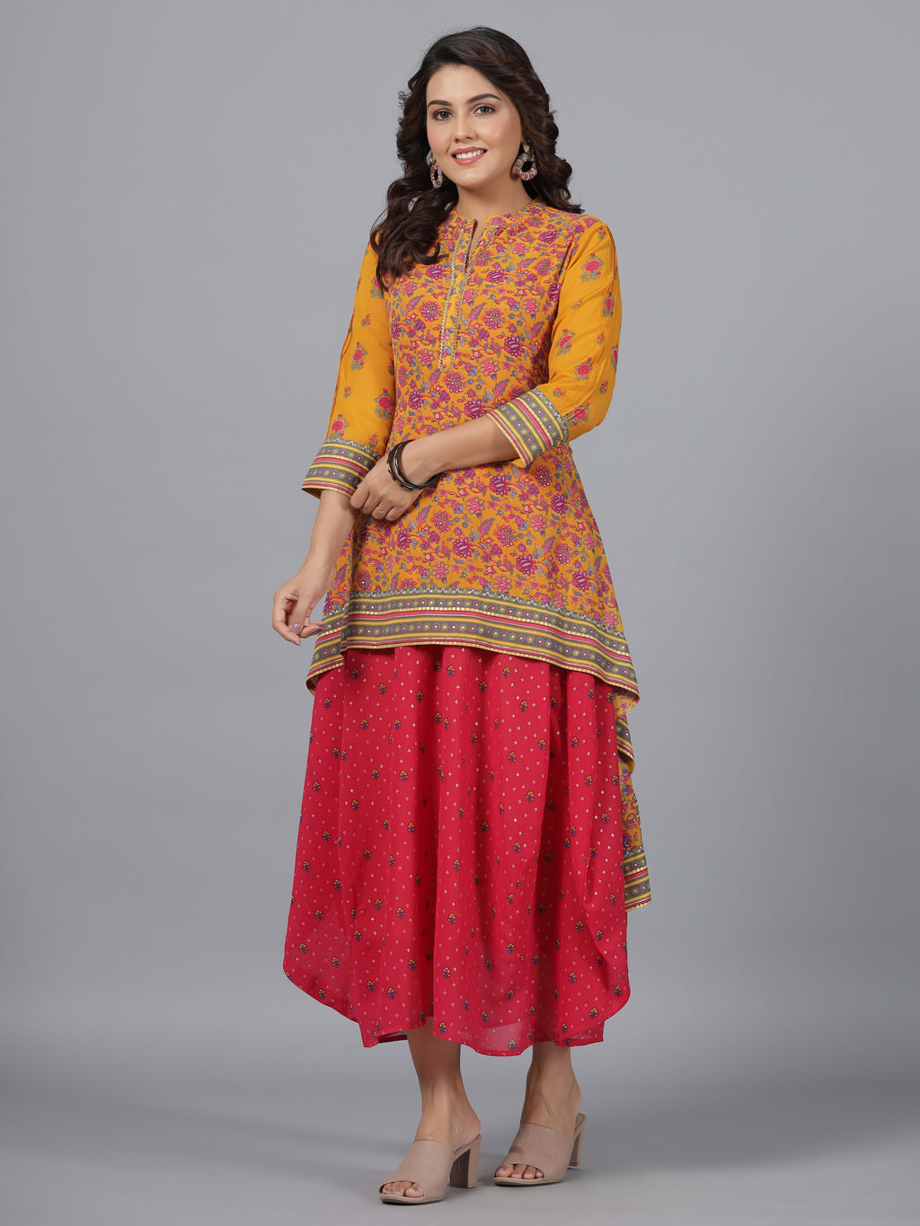Juniper Women Mustard Georgette Printed Draped Maxi Dress | Grocsy