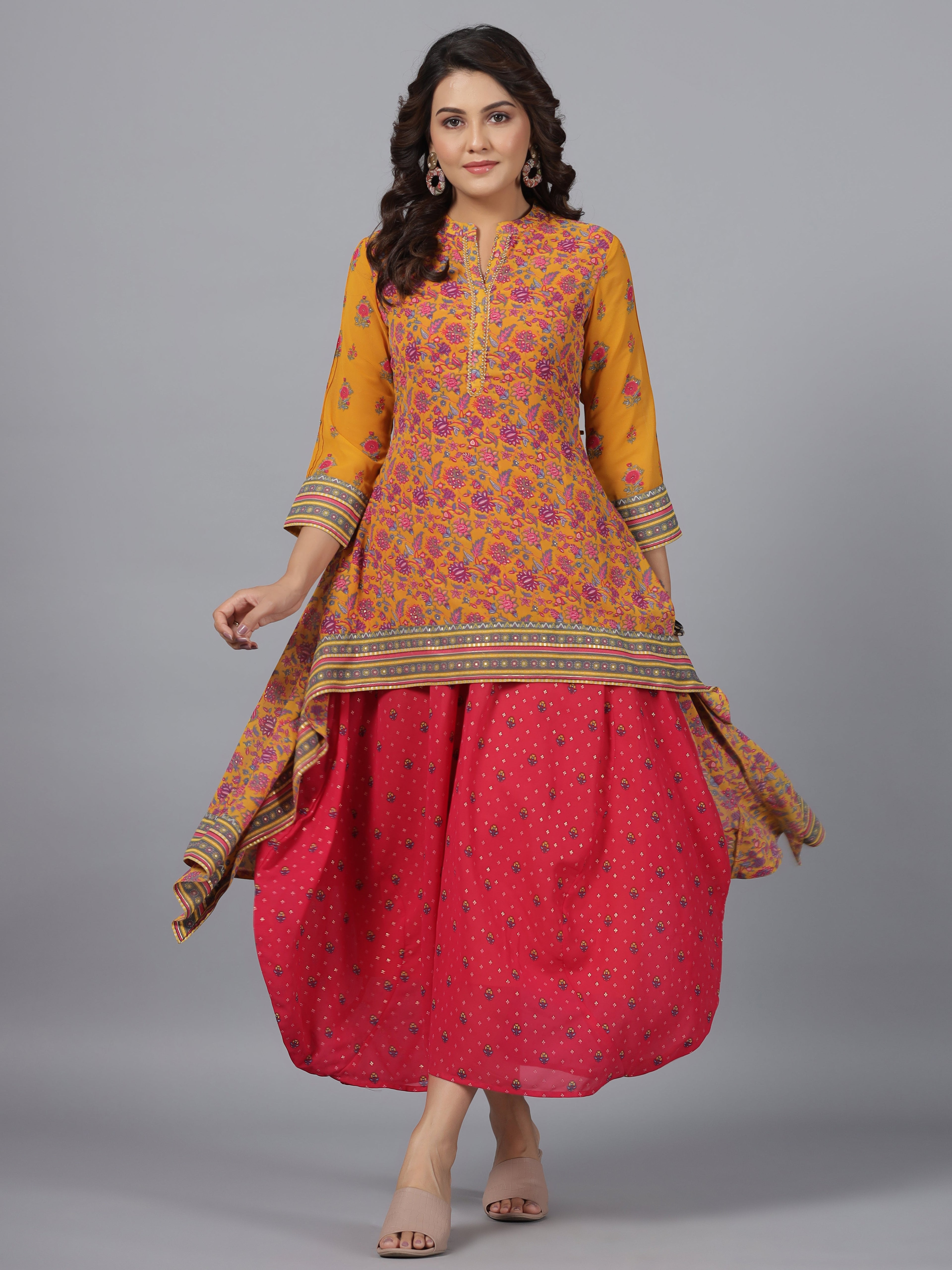 Juniper Women Mustard Georgette Printed Draped Maxi Dress | Grocsy